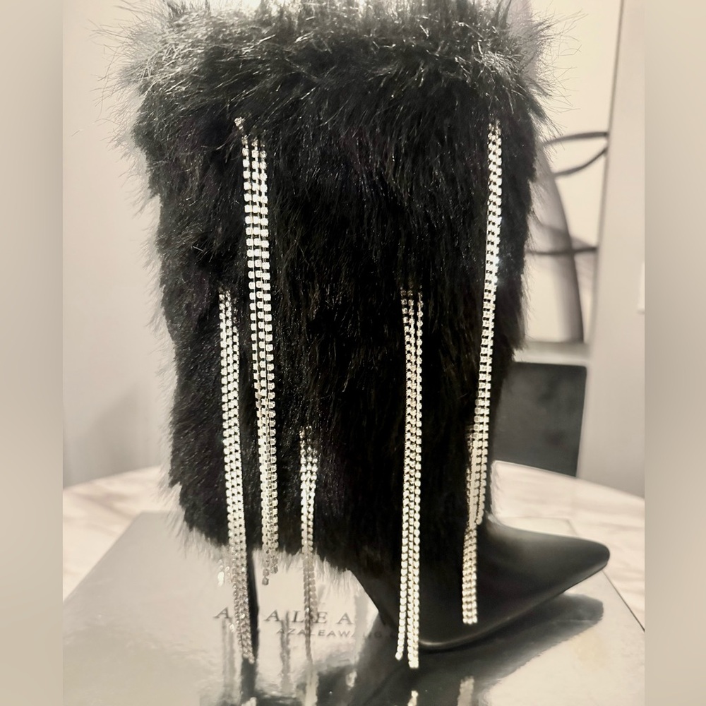 Chic Black Fur Heeled Boots with Rhinestone Accents